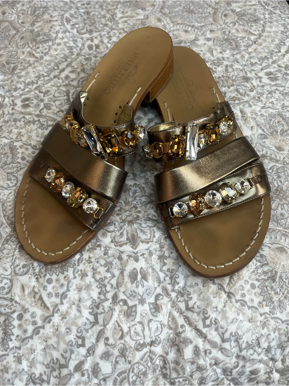 Preludio Capri Italy US Sz 9 Vero Cuoio Leather Sandals Slides Jeweled Gold Chic